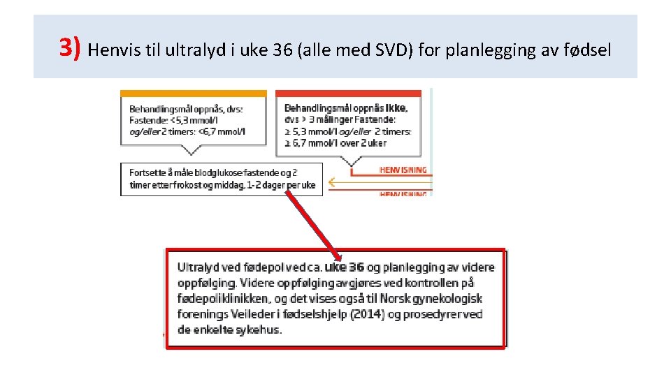 3) Henvis til ultralyd i uke 36 (alle med SVD) for planlegging av fødsel