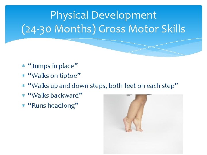 Physical Development (24 -30 Months) Gross Motor Skills “Jumps in place” “Walks on tiptoe” Physical Development (24 -30 Months) Gross Motor Skills “Jumps in place” “Walks on tiptoe”