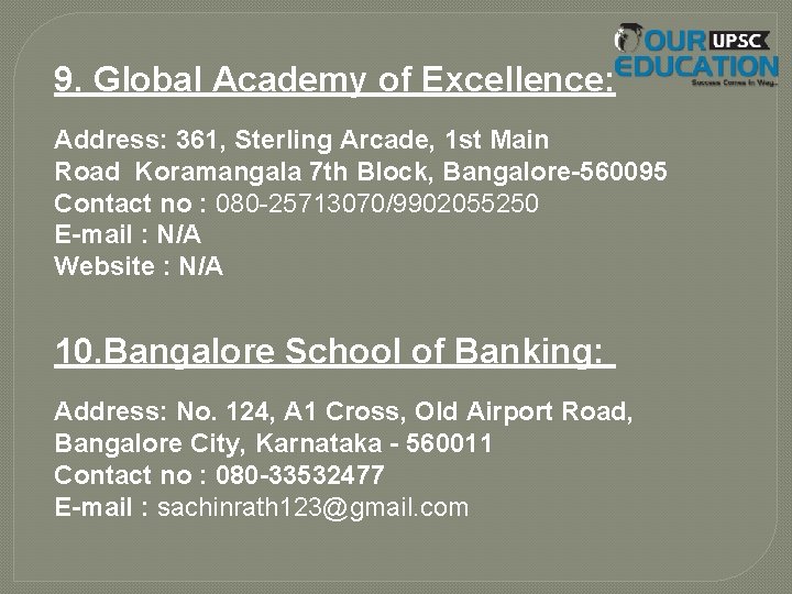 9. Global Academy of Excellence: Address: 361, Sterling Arcade, 1 st Main Road Koramangala