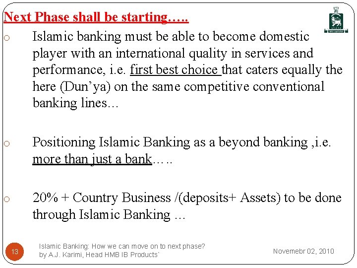 Next Phase shall be starting…. . o Islamic banking must be able to become