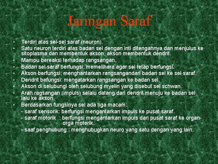 Jaringan Saraf • • • Terdiri atas sel-sel saraf (neuron). Satu neuron terdiri atas