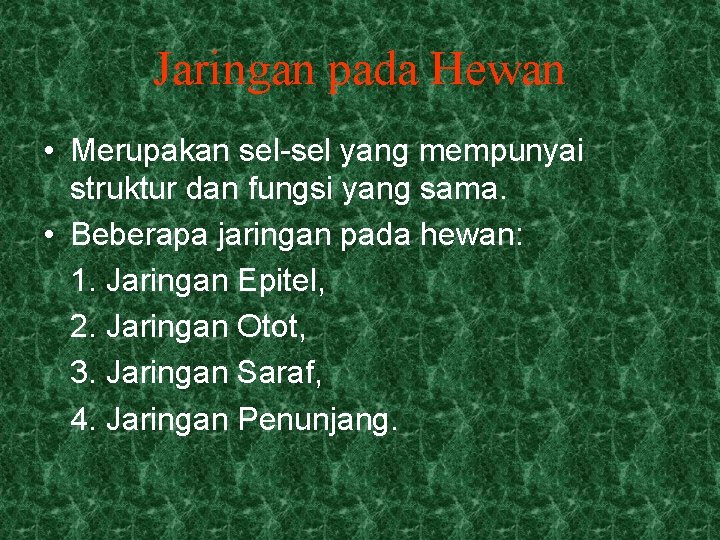 Jaringan pada Hewan • Merupakan sel-sel yang mempunyai struktur dan fungsi yang sama. •