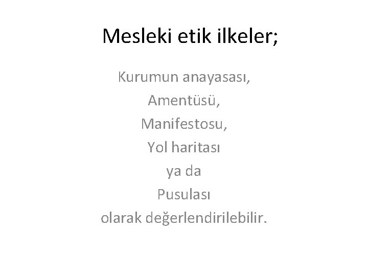 Mesleki etik ilkeler; Kurumun anayasası, Amentüsü, Manifestosu, Yol haritası ya da Pusulası olarak değerlendirilebilir.