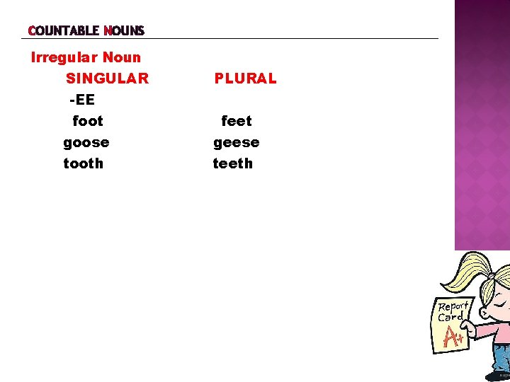 COUNTABLE NOUNS Irregular Noun SINGULAR -EE foot goose tooth PLURAL feet geese teeth 