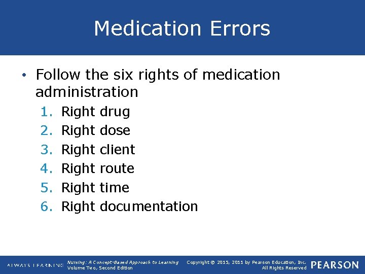 Medication Errors • Follow the six rights of medication administration 1. 2. 3. 4.