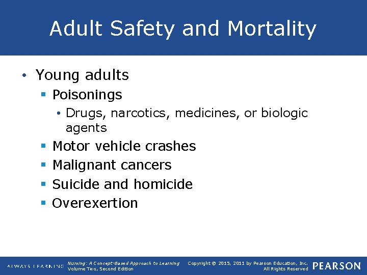 Adult Safety and Mortality • Young adults § Poisonings • Drugs, narcotics, medicines, or