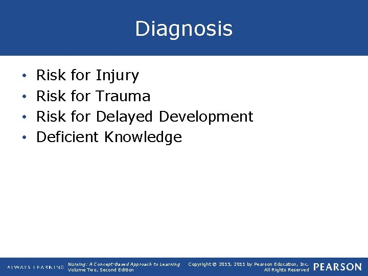 Diagnosis • • Risk for Injury Risk for Trauma Risk for Delayed Development Deficient