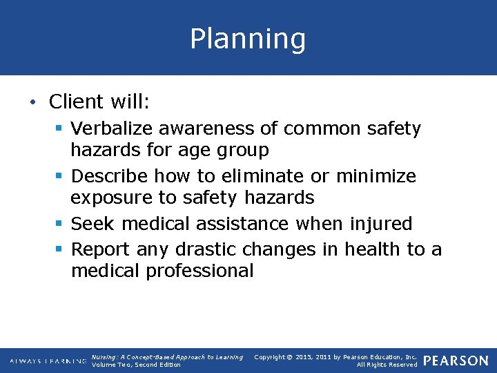 Planning • Client will: § Verbalize awareness of common safety hazards for age group
