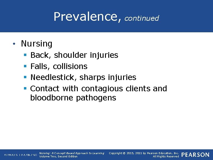 Prevalence, continued • Nursing § § Back, shoulder injuries Falls, collisions Needlestick, sharps injuries