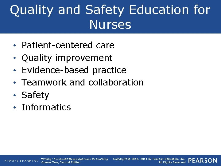 Quality and Safety Education for Nurses • • • Patient-centered care Quality improvement Evidence-based
