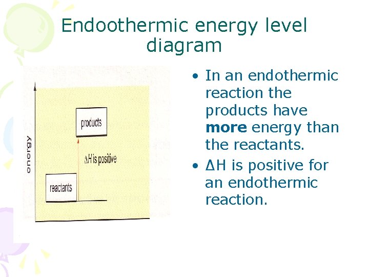 Endoothermic energy level diagram • In an endothermic reaction the products have more energy