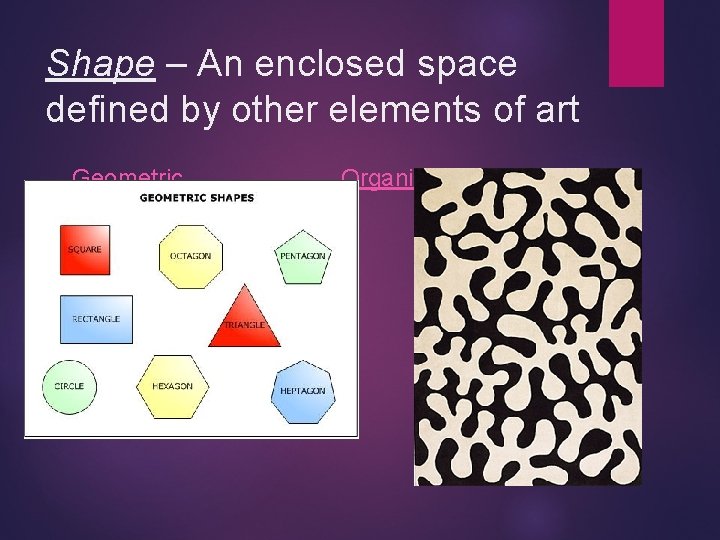 Shape – An enclosed space defined by other elements of art Geometric Organic 