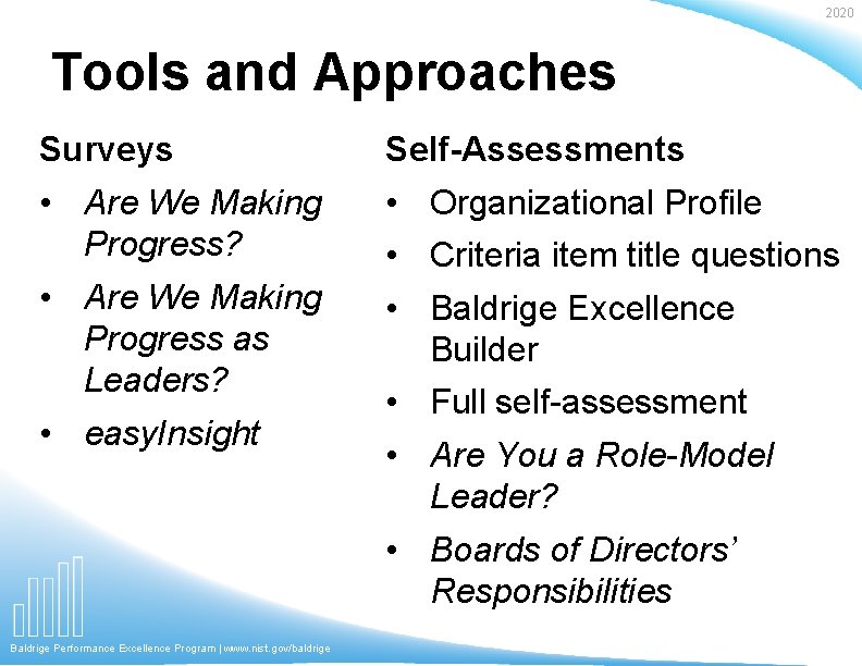 2020 Tools and Approaches Surveys Self-Assessments • Are We Making Progress? • Are We