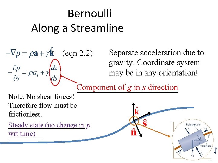 Bernoulli Along a Streamline z (eqn 2. 2) Separate acceleration due to gravity. Coordinate