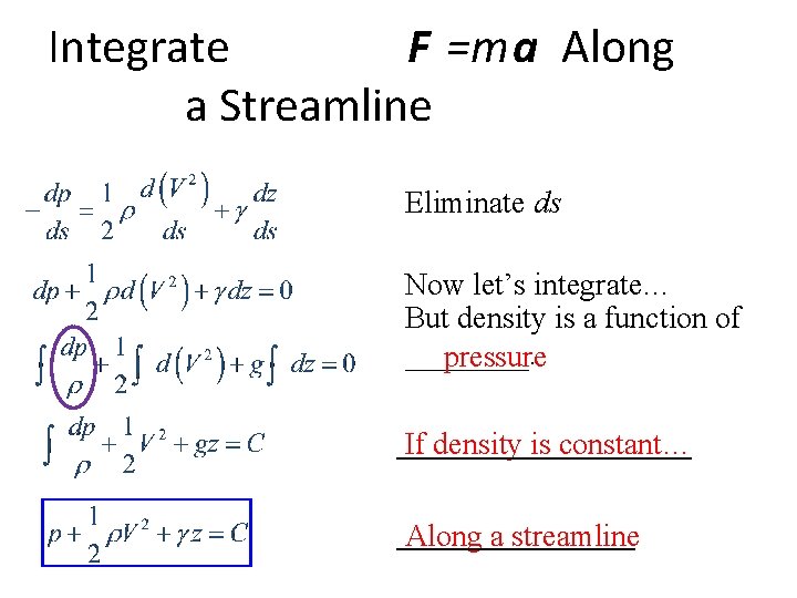 Integrate F =ma Along a Streamline Eliminate ds Now let’s integrate… But density is