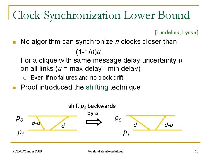 Clock Synchronization Lower Bound [Lundelius, Lynch] n No algorithm can synchronize n clocks closer