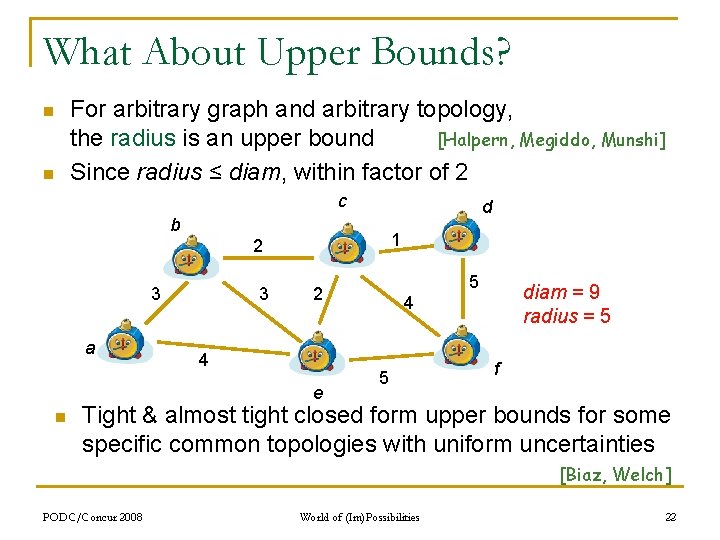 What About Upper Bounds? n n For arbitrary graph and arbitrary topology, the radius