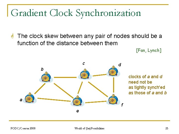 Gradient Clock Synchronization G The clock skew between any pair of nodes should be