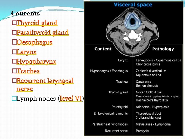 Contents �Thyroid gland �Parathyroid gland �Oesophagus �Larynx �Hypopharynx �Trachea �Recurrent laryngeal nerve �Lymph nodes