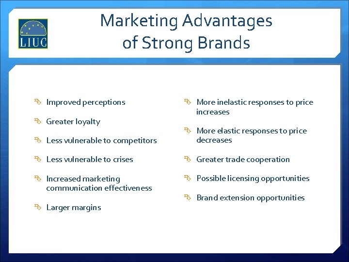 Marketing Advantages of Strong Brands Improved perceptions Greater loyalty Less vulnerable to competitors More