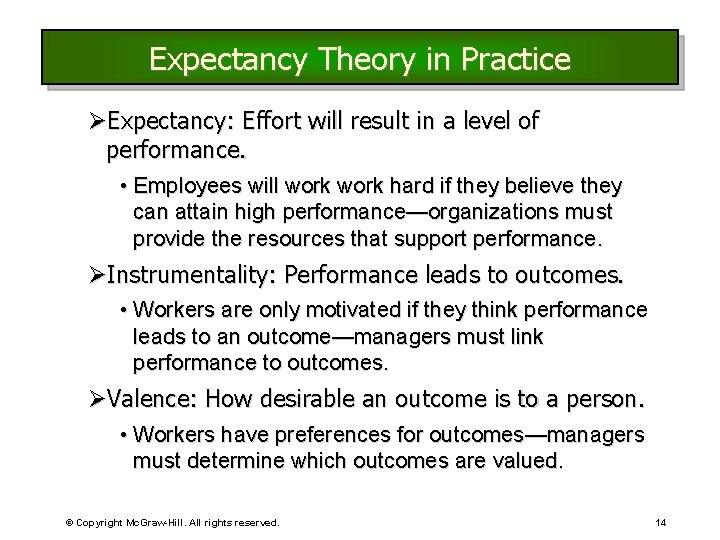 Expectancy Theory in Practice ØExpectancy: Effort will result in a level of performance. • Expectancy Theory in Practice ØExpectancy: Effort will result in a level of performance. •