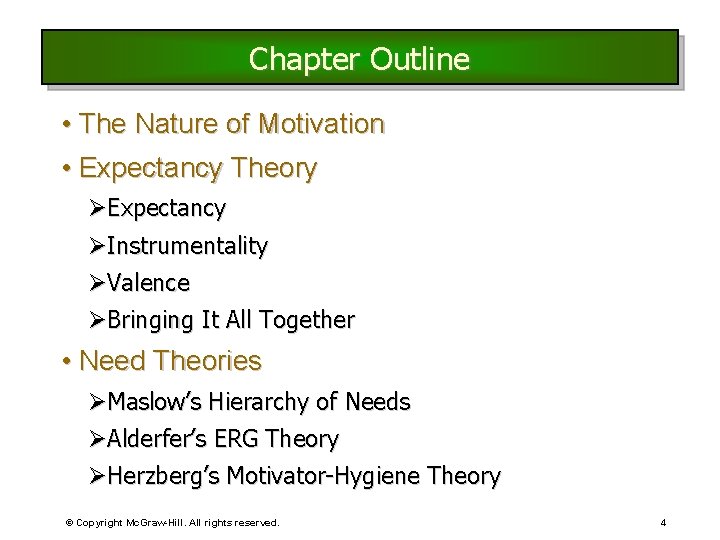 Chapter Outline • The Nature of Motivation • Expectancy Theory ØExpectancy ØInstrumentality ØValence ØBringing Chapter Outline • The Nature of Motivation • Expectancy Theory ØExpectancy ØInstrumentality ØValence ØBringing