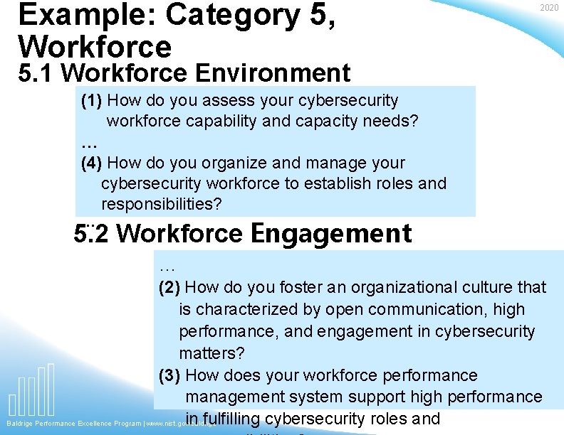 Example: Category 5, Workforce 2020 5. 1 Workforce Environment (1) How do you assess