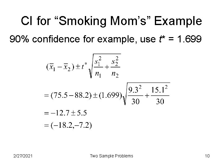 CI for “Smoking Mom’s” Example 90% confidence for example, use t* = 1. 699