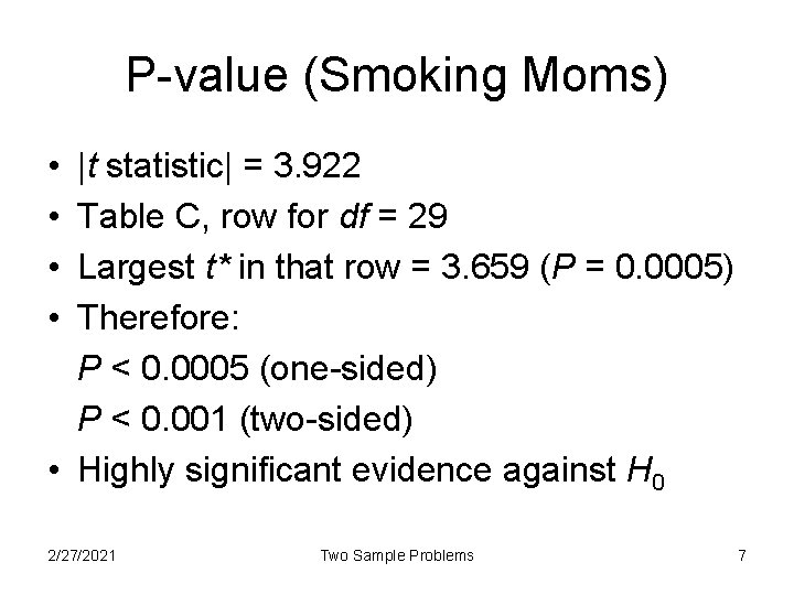 P-value (Smoking Moms) • • |t statistic| = 3. 922 Table C, row for
