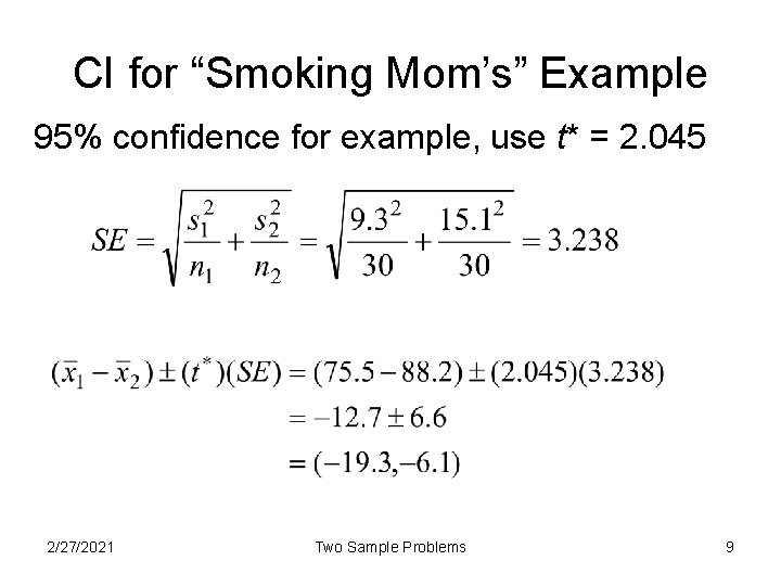 CI for “Smoking Mom’s” Example 95% confidence for example, use t* = 2. 045