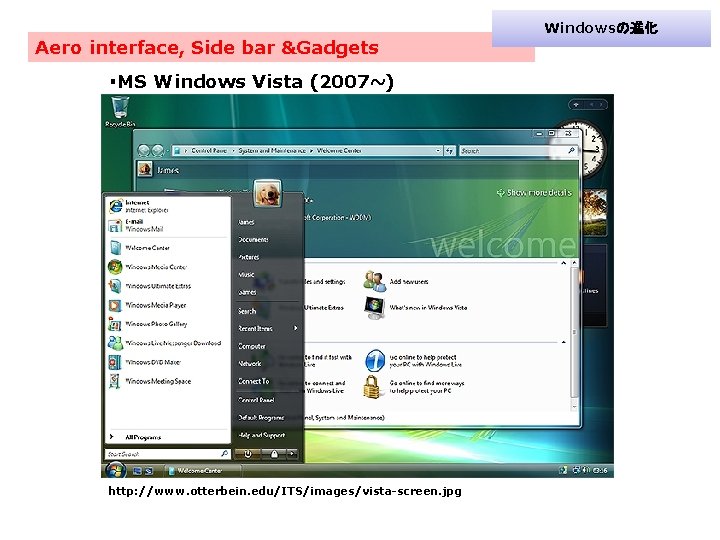 Windowsの進化 Aero interface, Side bar &Gadgets ・MS Windows Vista (2007~) http: //www. otterbein. edu/ITS/images/vista-screen.