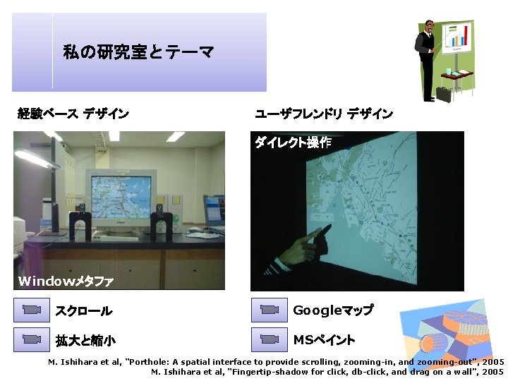 私の研究室とテーマ 経験ベース デザイン ユーザフレンドリ デザイン ダイレクト操作 Windowメタファ スクロール Googleマップ 拡大と縮小 MSペイント M. Ishihara et