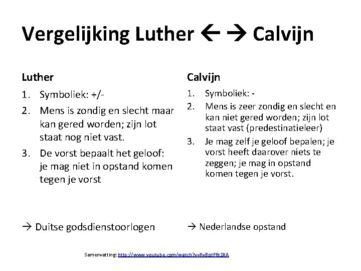 Vergelijking Luther Calvijn 1. Symboliek: - 1. Symboliek: +/2. Mens is zondig en slecht