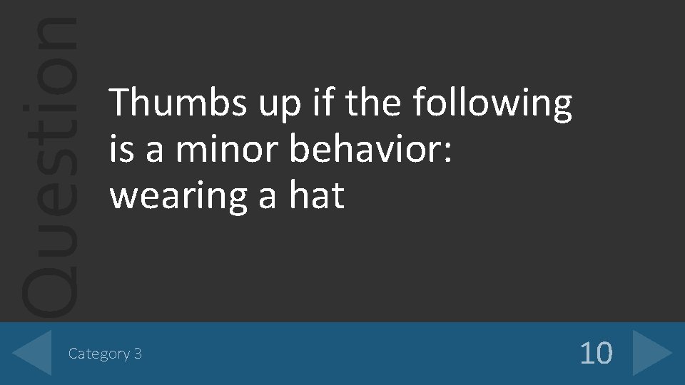 Question Thumbs up if the following is a minor behavior: wearing a hat Category