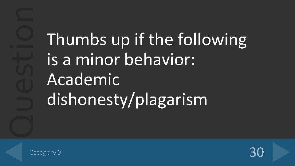 Question Thumbs up if the following is a minor behavior: Academic dishonesty/plagarism Category 3