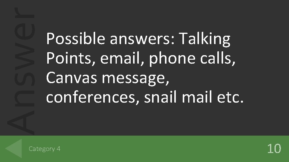 Answer Possible answers: Talking Points, email, phone calls, Canvas message, conferences, snail mail etc.