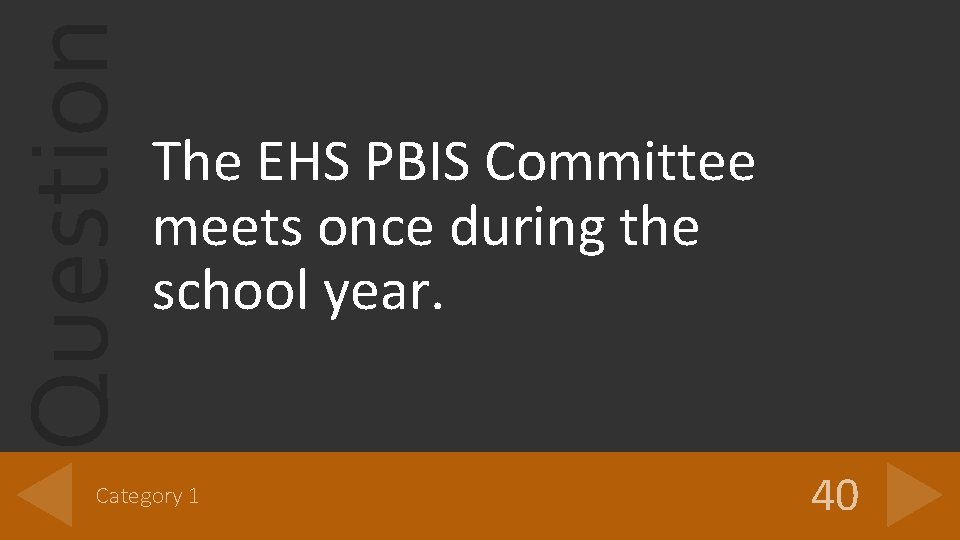 Question The EHS PBIS Committee meets once during the school year. Category 1 40