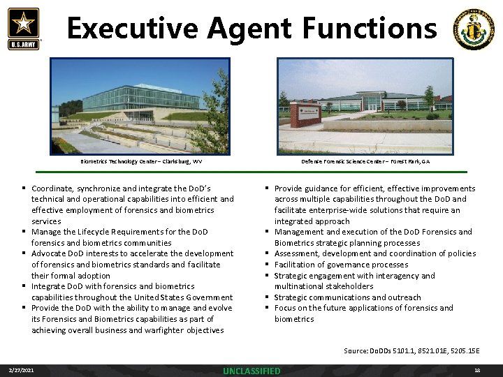 Executive Agent Functions Biometrics Technology Center – Clarksburg, WV Defense Forensic Science Center – Executive Agent Functions Biometrics Technology Center – Clarksburg, WV Defense Forensic Science Center –