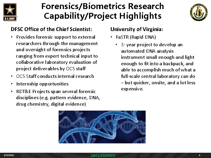 Forensics/Biometrics Research Capability/Project Highlights DFSC Office of the Chief Scientist: University of Virginia: • Forensics/Biometrics Research Capability/Project Highlights DFSC Office of the Chief Scientist: University of Virginia: •
