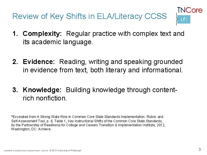 Review of Key Shifts in ELA/Literacy CCSS 1. Complexity: Regular practice with complex text