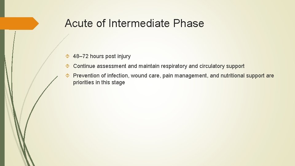 Acute of Intermediate Phase 48– 72 hours post injury Continue assessment and maintain respiratory