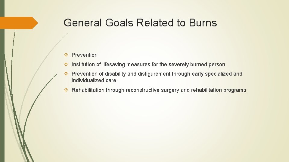 General Goals Related to Burns Prevention Institution of lifesaving measures for the severely burned