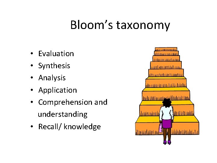 Bloom’s taxonomy Evaluation Synthesis Analysis Application Comprehension and understanding • Recall/ knowledge • •