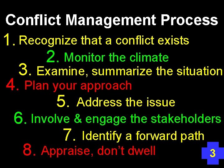 Conflict Management Process 1. Recognize that a conflict exists 2. Monitor the climate 3.