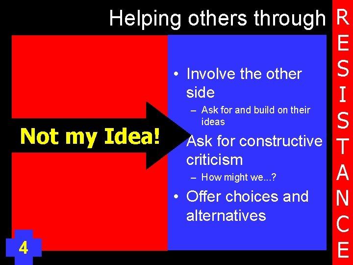 Helping others through R E S • Involve the other side I – Ask