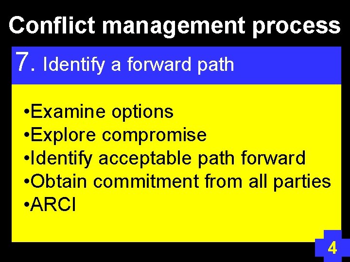 Conflict management process 7. Identify a forward path • Examine options • Explore compromise