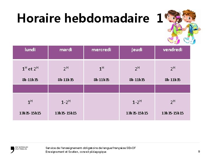 Horaire hebdomadaire 1 -2 H lundi mardi mercredi jeudi vendredi 1 H et 2