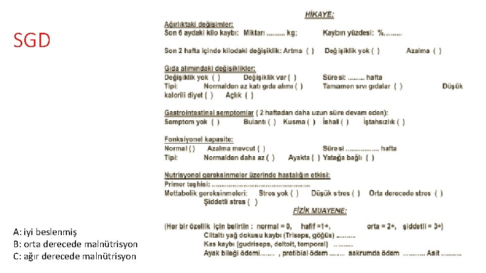 SGD A: iyi beslenmiş B: orta derecede malnütrisyon C: ağır derecede malnütrisyon 