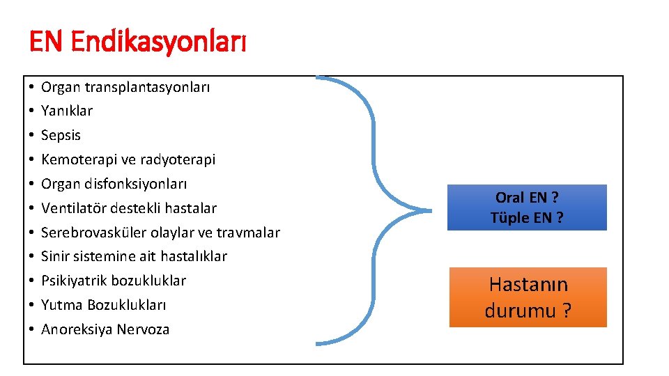 EN Endikasyonları • • • Organ transplantasyonları Yanıklar Sepsis Kemoterapi ve radyoterapi Organ disfonksiyonları