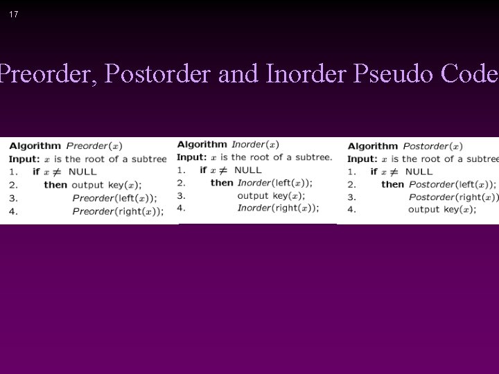 17 Preorder, Postorder and Inorder Pseudo Code 